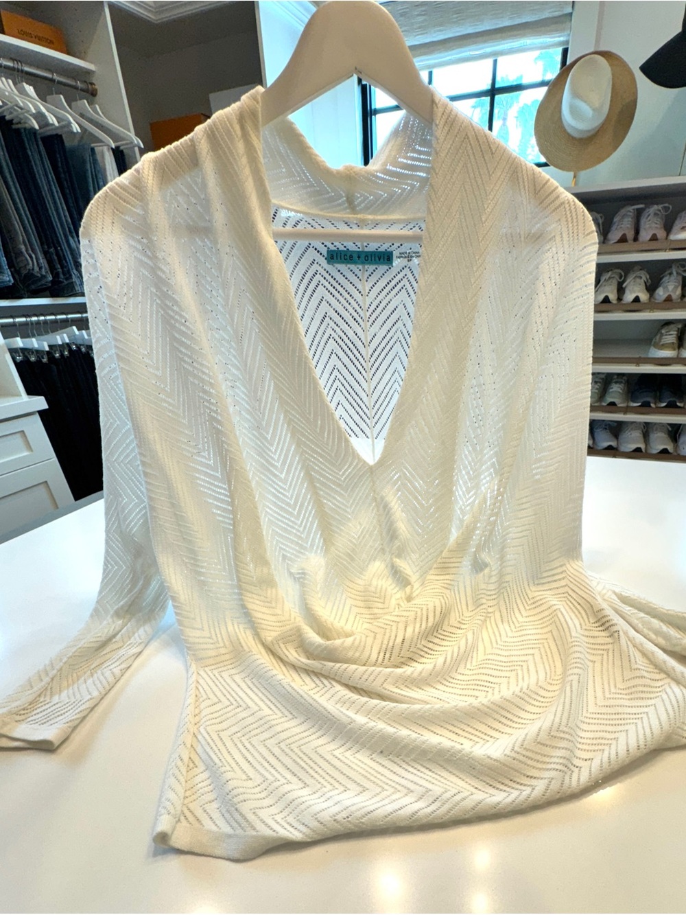 Alice + Olivia Ivory V-Neck Chevron Knit Top